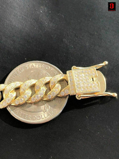 YELLOW GOLD Mens Miami Cuban Link 9mm Chain 14k Gold Over Solid 925 Silver 25ct Man Made Diamonds