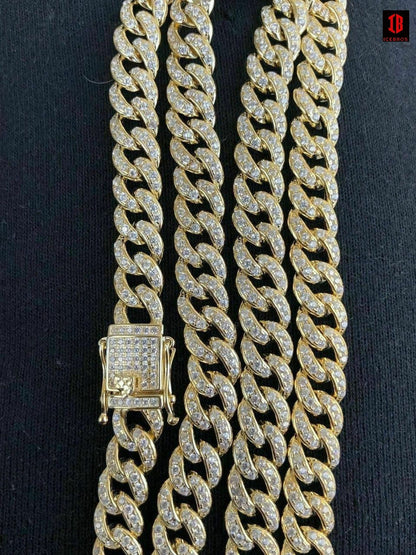 WHITE GOLD Mens Miami Cuban Link 9mm Chain 14k Gold Over Solid 925 Silver 25ct Man Made Diamonds