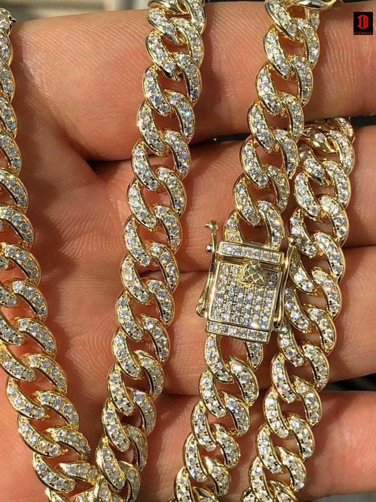 YELLOW GOLD Mens Miami Cuban Link 9mm Chain 14k Gold Over Solid 925 Silver 25ct Man Made Diamonds
