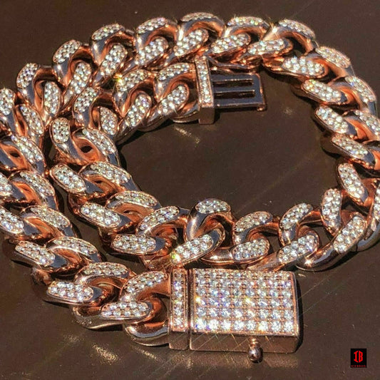 ROSE GOLD Mens Miami Cuban Link Bracelet 14k Rose Gold Over Solid 925 Silver Diamonds