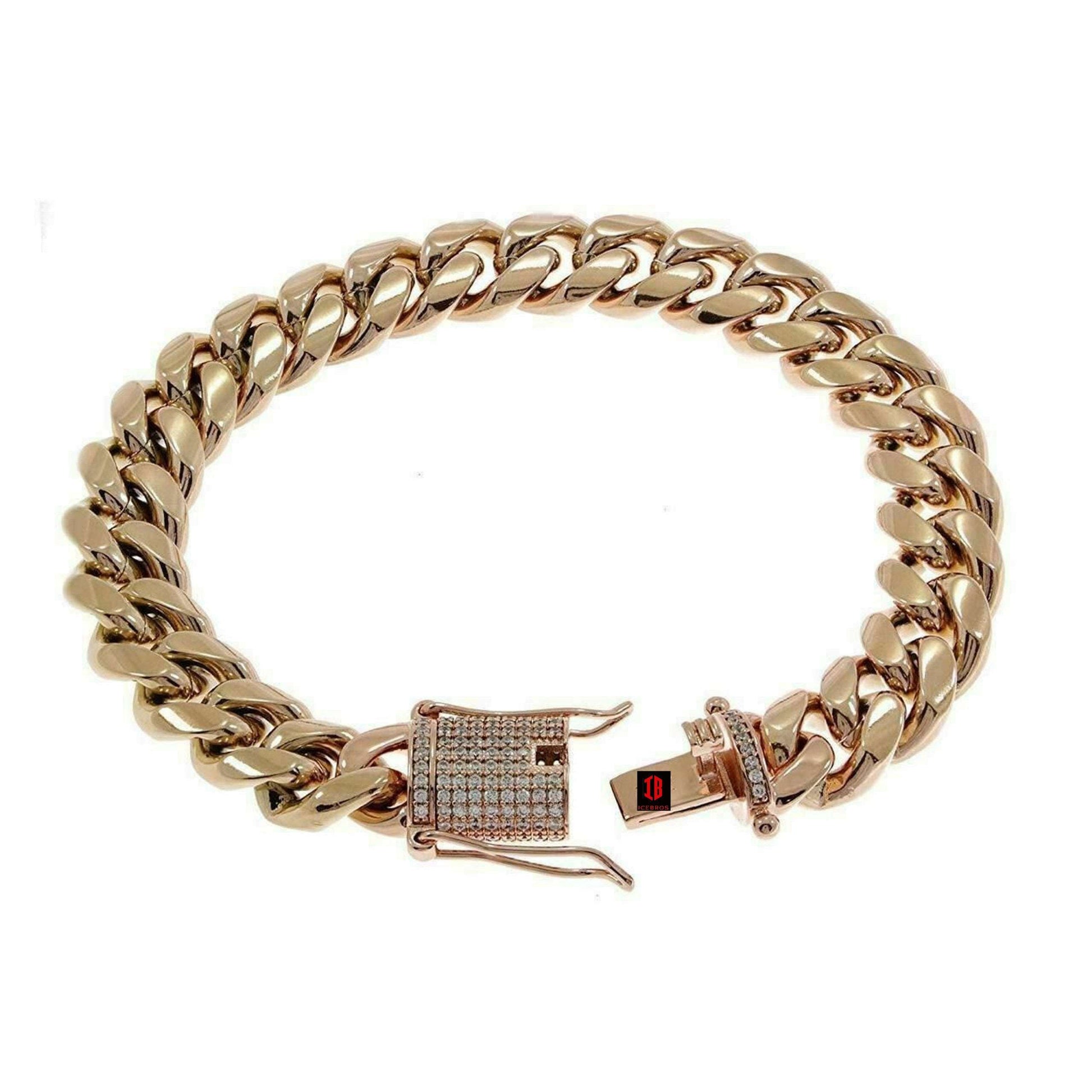 (12MM) Miami Cuban Link Bracelet 1ct Diamond Clasp 14k 18k Gold Plated Stainless Steel