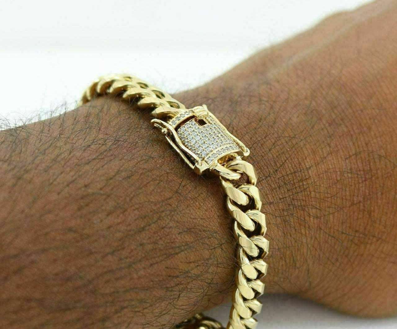 (8MM) Miami Cuban Link Bracelet 1ct Diamond Clasp 14k 18k Gold Plated Stainless Steel