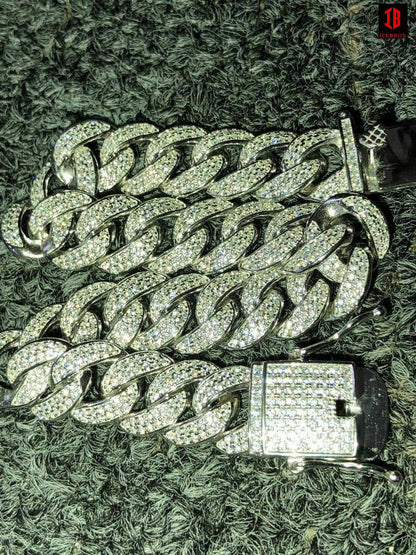 925 Vermeil Silver Cuban Link Bracelet Iced Moissanite - Passes Diamond Tester 12mm