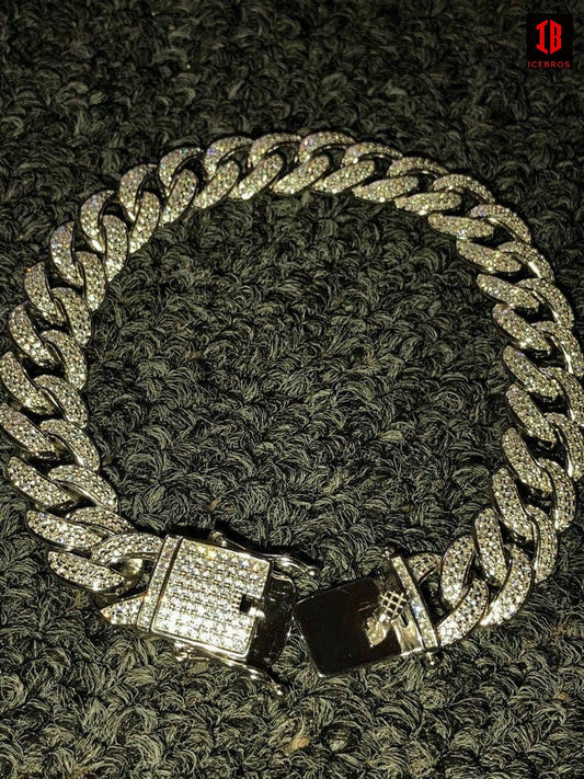 WHITE GOLD Mens Miami Cuban Link Bracelet Real Icy Solid 925 Silver Man Made Diamonds 12mm Iced