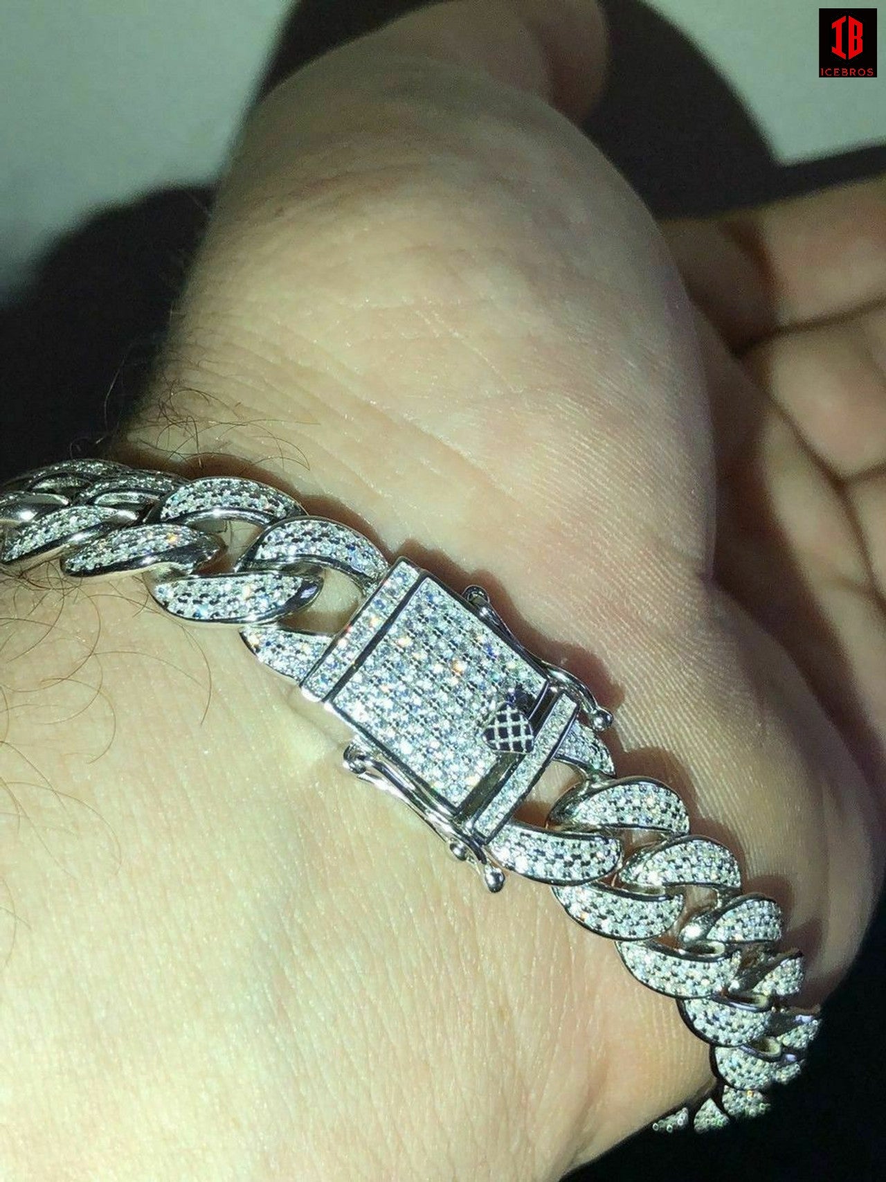 WHITE GOLD Mens Miami Cuban Link Bracelet Real Icy Solid 925 Silver Man Made Diamonds 12mm Iced