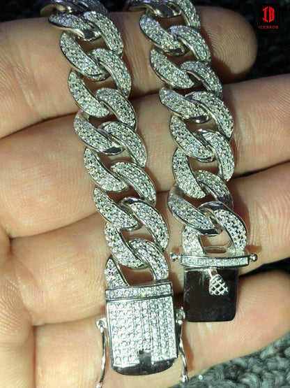 TRI-COLOR GOLD Mens Miami Cuban Link Bracelet Real Icy Solid 925 Silver Man Made Diamonds 12mm Iced