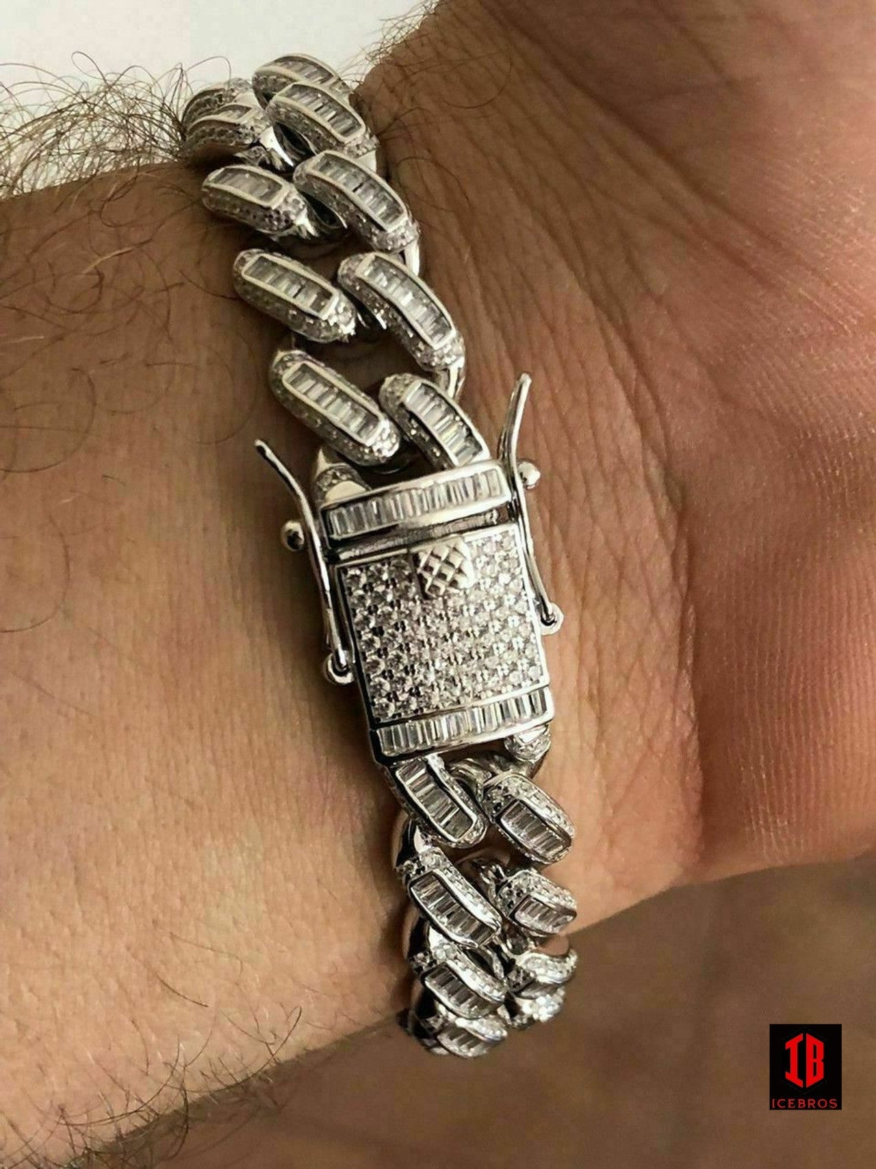 Men’s Miami Cuban Link Bracelet Real Solid 925 Silver Baguette Diamonds Heavy