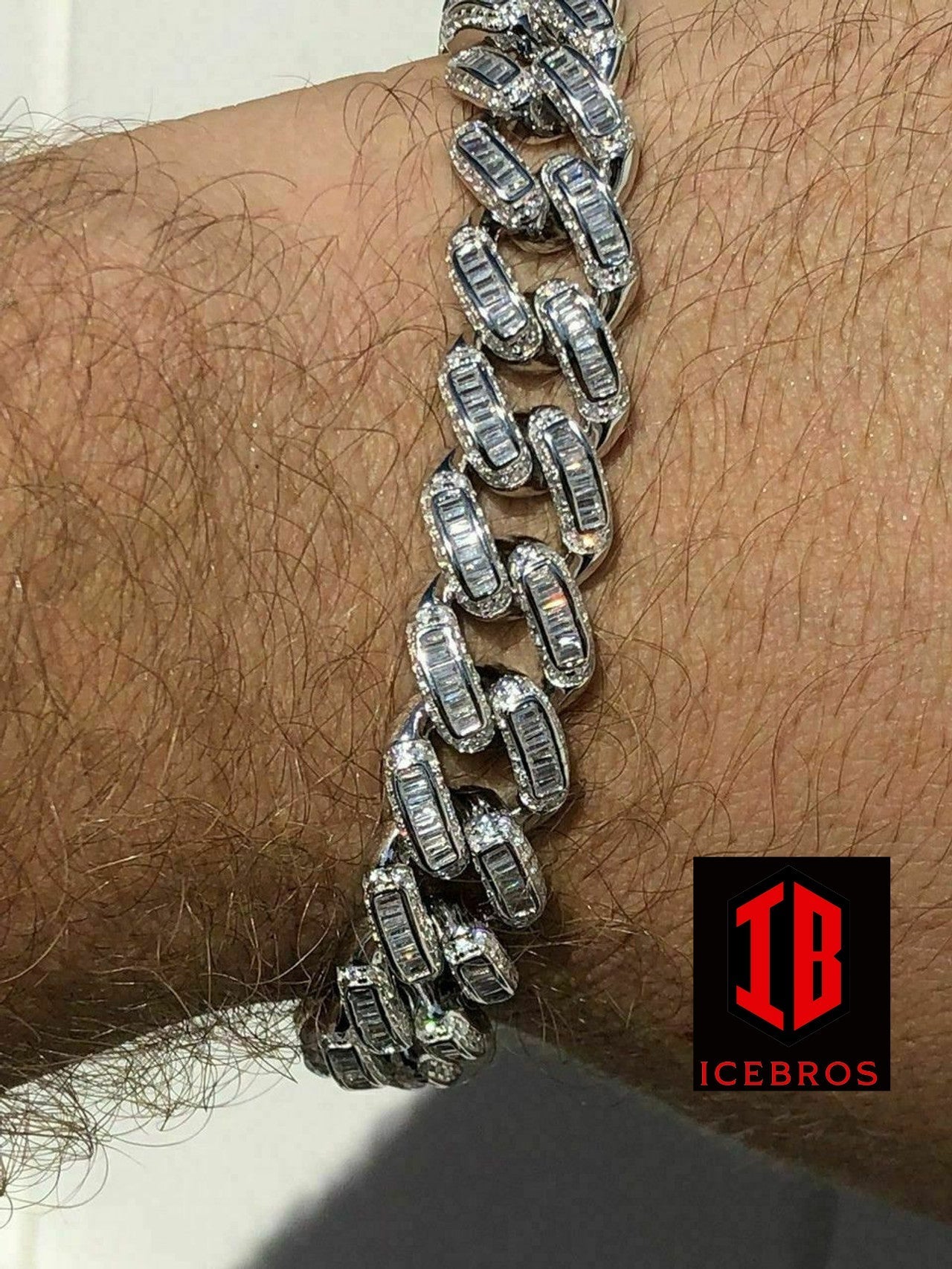 Men’s Miami Cuban Link Bracelet Real Solid 925 Silver Baguette Diamonds Heavy