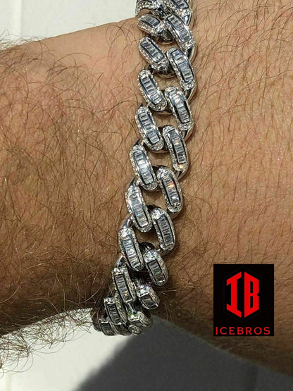 Men’s Miami Cuban Link Bracelet Real Solid 925 Silver Baguette Diamonds Heavy