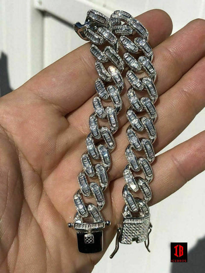 Men’s Miami Cuban Link Bracelet Real Solid 925 Silver Baguette Diamonds Heavy