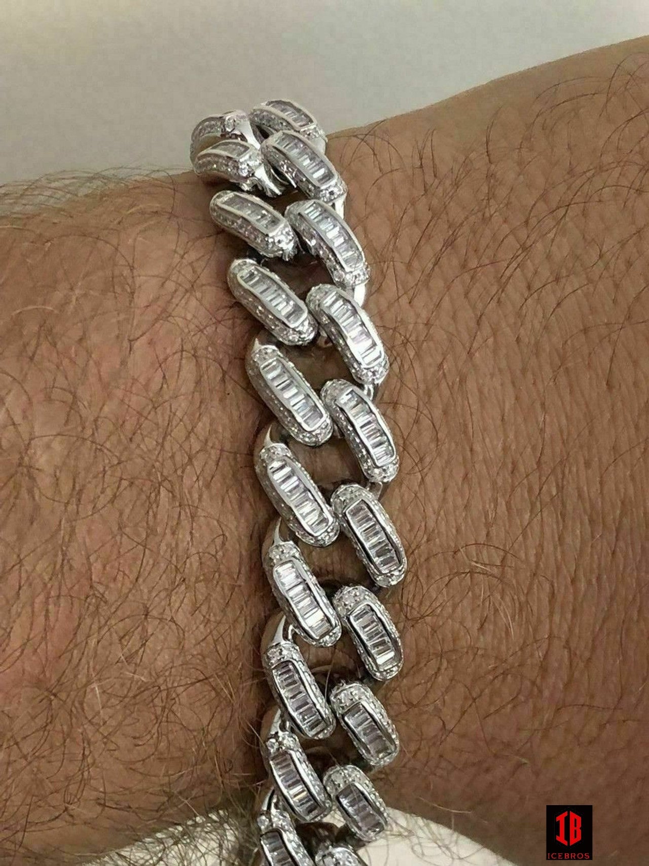 Men’s Miami Cuban Link Bracelet Real Solid 925 Silver Baguette Diamonds Heavy