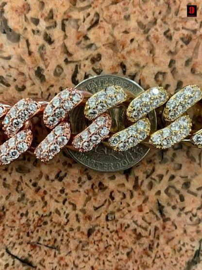 TRI-COLOR Mens Miami Cuban Link Bracelet Tri Color Solid 925 Silver Rose Yellow Gold Iced