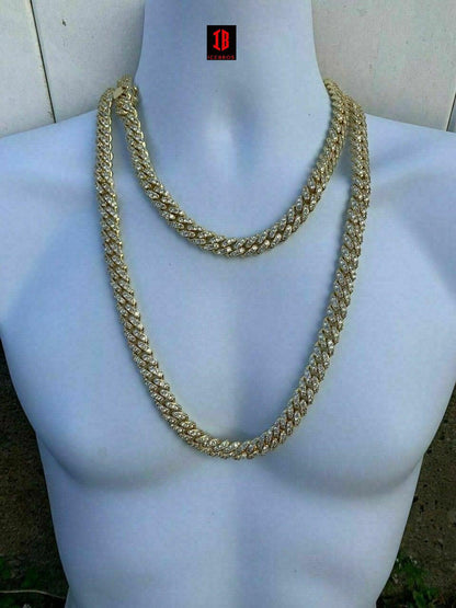 WHITE GOLD Real Mens Miami Cuban Chain Solid 925 Silver Iced Necklace VERY HEAVY Link 12mm