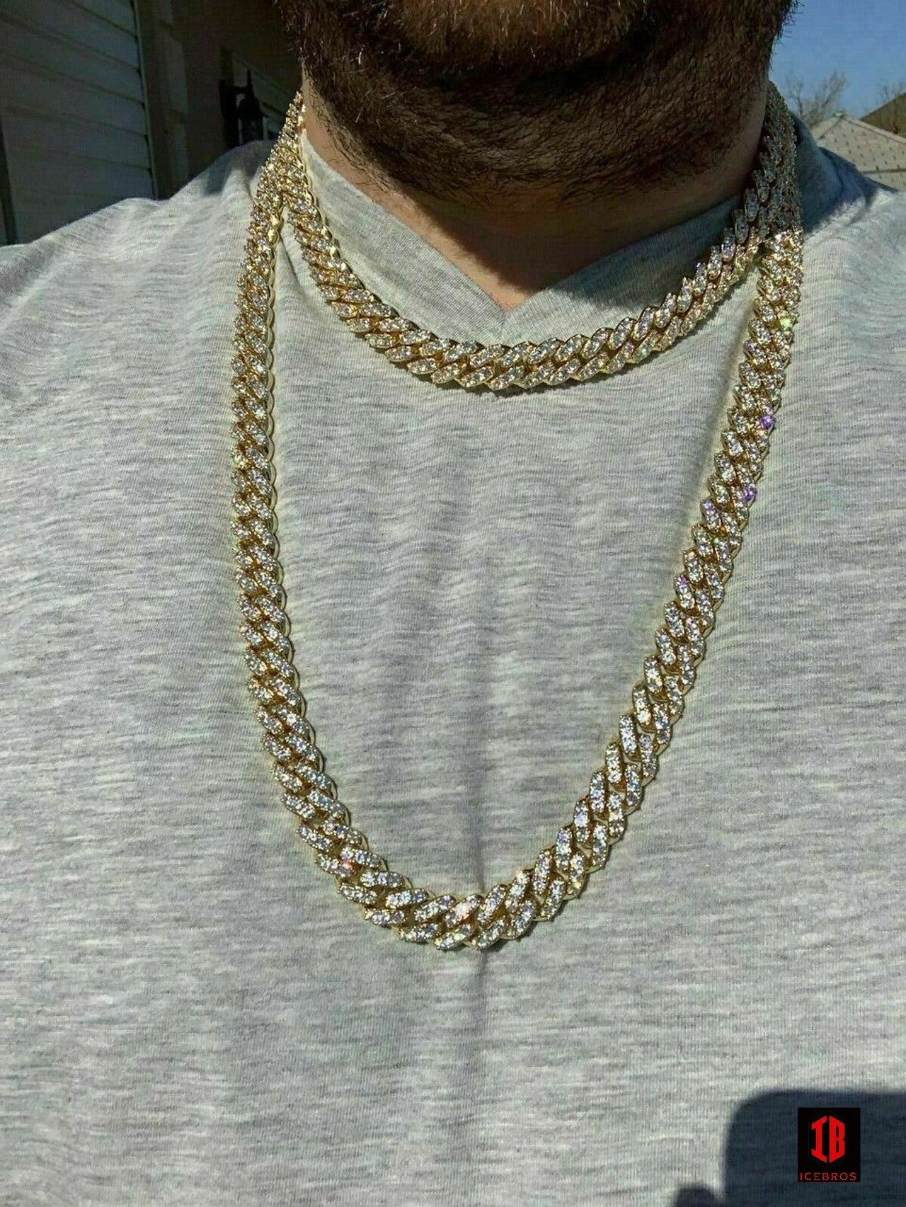 YELLOW GOLD Real Mens Miami Cuban Chain Solid 925 Silver Iced Necklace VERY HEAVY Link 12mm