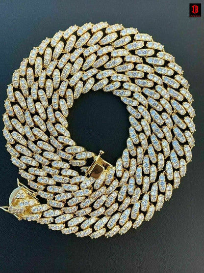 YELLOW GOLD Real Mens Miami Cuban Chain Solid 925 Silver Iced Necklace VERY HEAVY Link 12mm