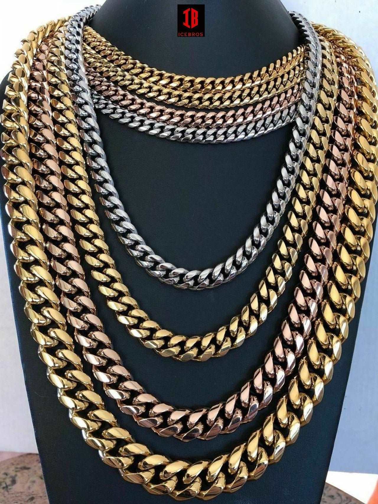 (16MM) Mens Miami Cuban Link Chain - Gold Plated Stainless Steel 8-18mm Yellow/Rose/White