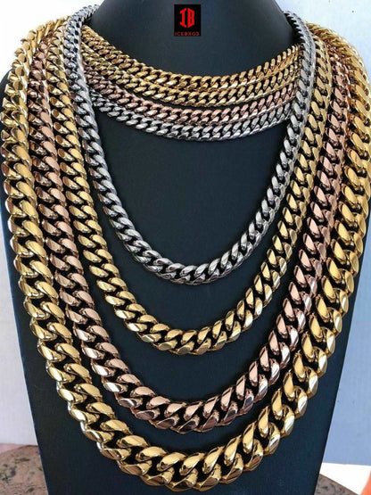 (12MM) Mens Miami Cuban Link Chain - Gold Plated Stainless Steel 8-18mm Yellow/Rose/White