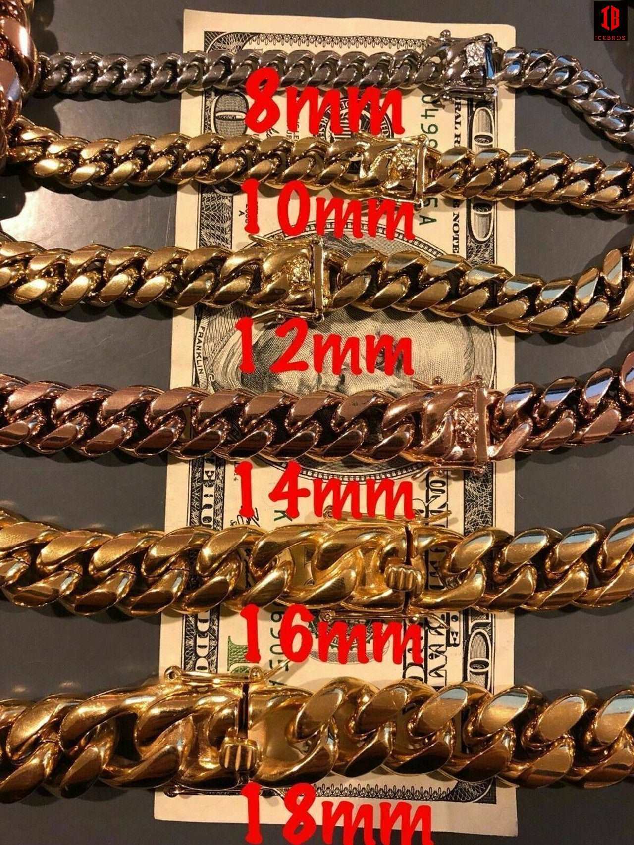 (8MM) Mens Miami Cuban Link Bracelet - Gold Plated Stainless Steel 8-18mm Yellow/Rose/White
