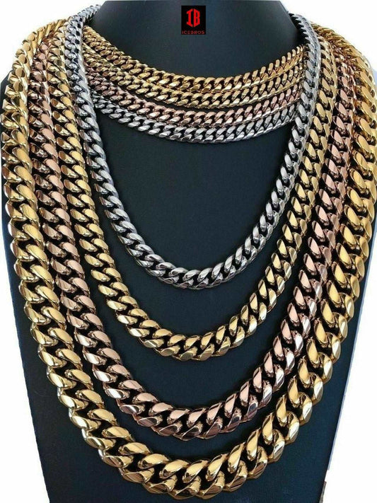 (14MM) Mens Miami Cuban Link Chain - Gold Plated Stainless Steel 8-18mm Yellow/Rose/White