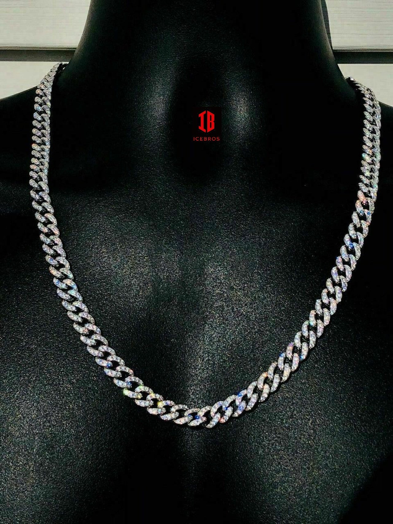 WHITE GOLD Mens Miami Cuban Link 9mm Chain 14k Gold Over Solid 925 Silver 25ct Man Made Diamonds