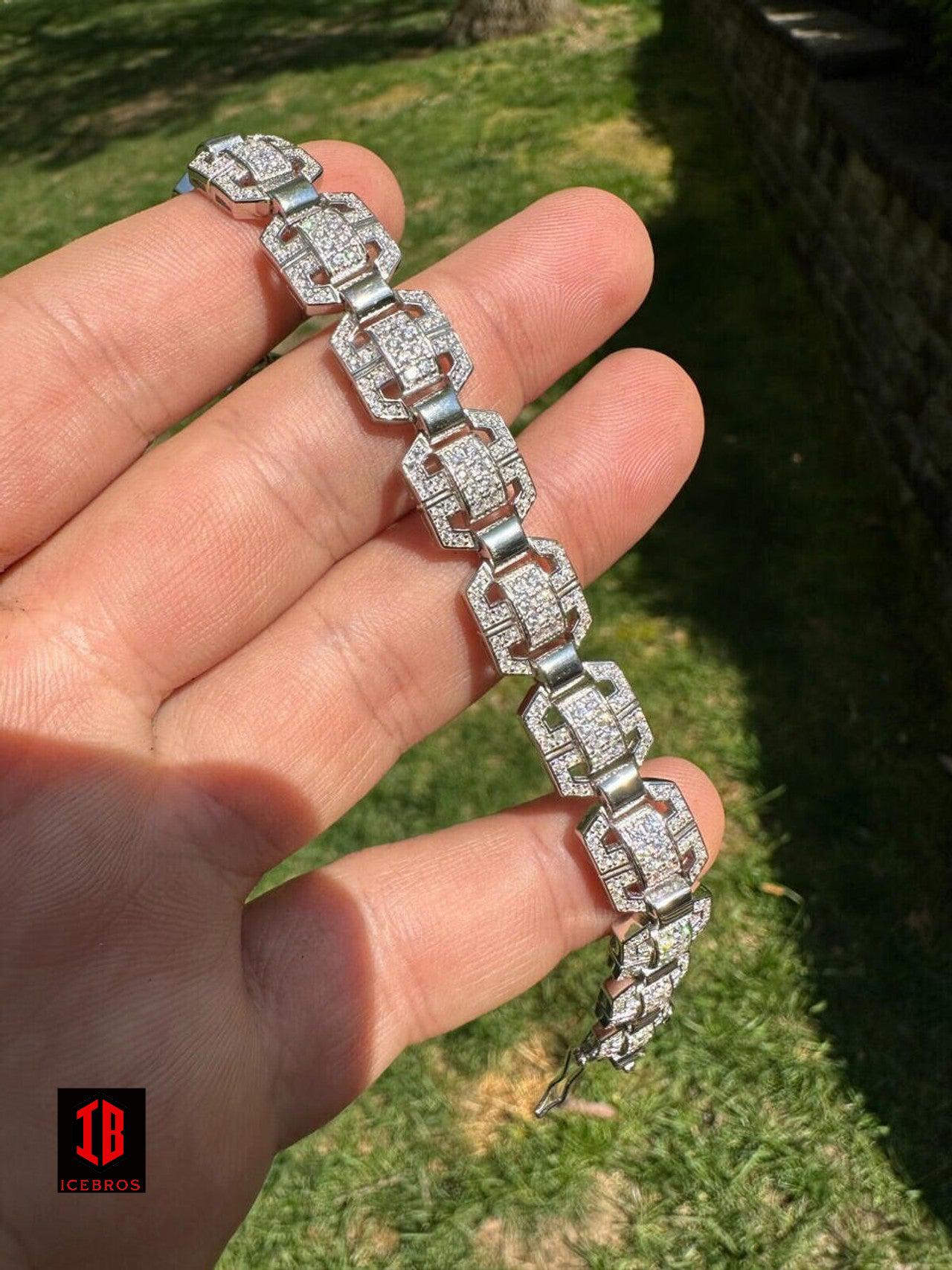 Men Moissanite Custom Links 10k Gold Over Real 925 Sterling Silver Bracelet