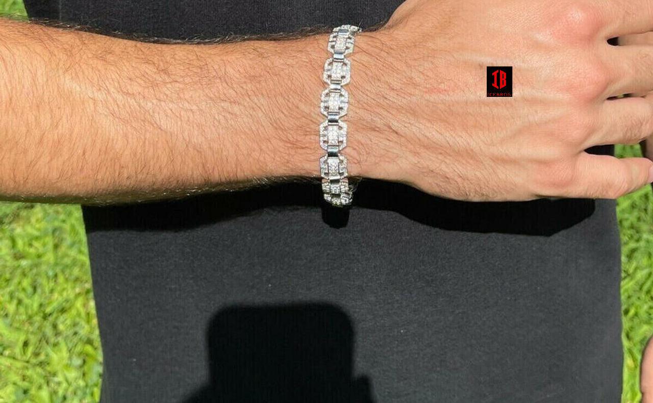 Men Moissanite Custom Links 10k Gold Over Real 925 Sterling Silver Bracelet