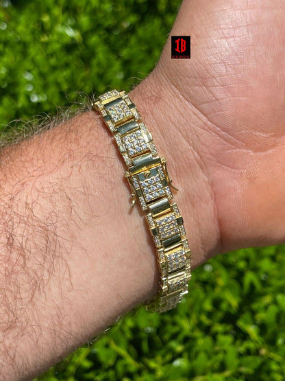 Men’s Real 14k Gold Over 925 Silver Bracelet Iced Diamond Out Heavy 12mm Hip Hop