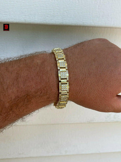 Men’s Real 14k Gold Over 925 Silver Bracelet Iced Diamond Out Heavy 12mm Hip Hop