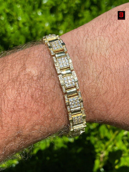 Men’s Real 14k Gold Over 925 Silver Bracelet Iced Diamond Out Heavy 12mm Hip Hop