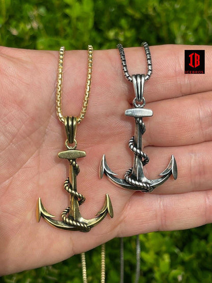Men's Real 925 Sterling Silver Anchor Nautical Navy Pendant Necklace Gold Large