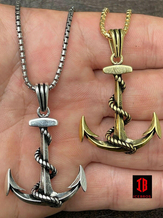 Men's Real 925 Sterling Silver Anchor Nautical Navy Pendant Necklace Gold Large