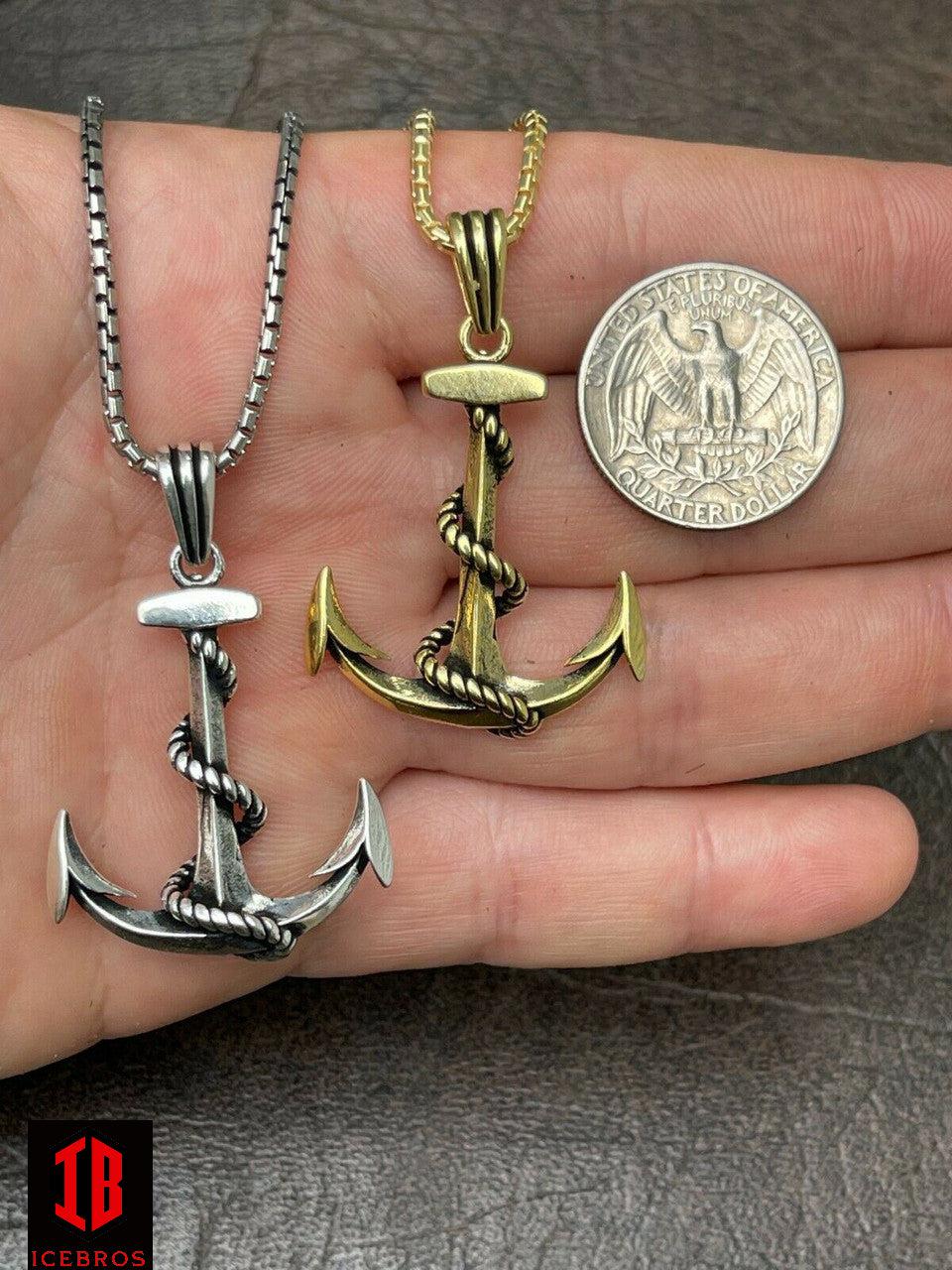 Men's Real 925 Sterling Silver Anchor Nautical Navy Pendant Necklace Gold Large