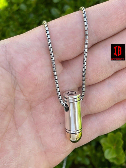 Men's Fine 925 Sterling Silver & 14k Gold Bullet Pendant Necklace Chain 9mm Gun