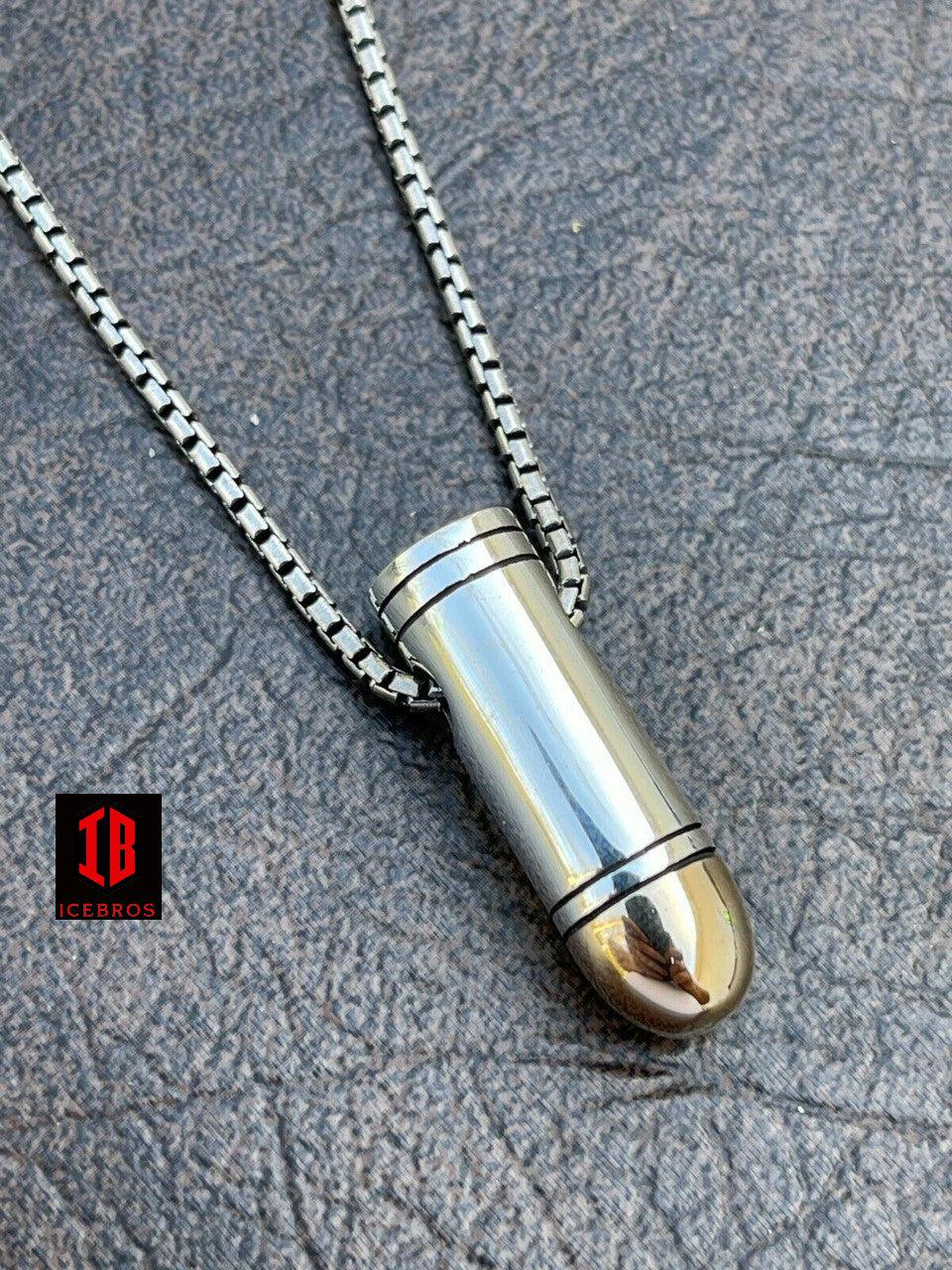 Men's Fine 925 Sterling Silver & 14k Gold Bullet Pendant Necklace Chain 9mm Gun