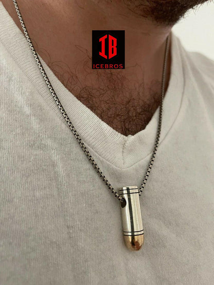 Men's Fine 925 Sterling Silver & 14k Gold Bullet Pendant Necklace Chain 9mm Gun