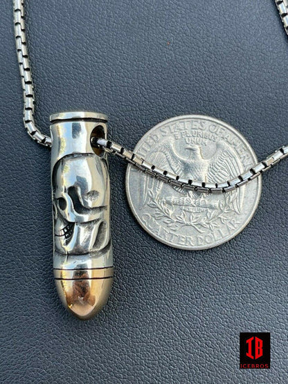 Men's Solid 925 Sterling Silver 14k Gold Bullet W. Skull Pendant Necklace Chain