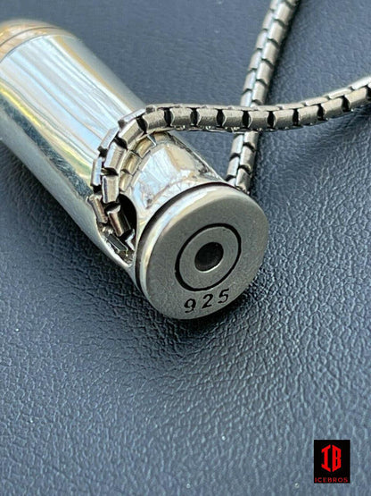 Men's Solid 925 Sterling Silver 14k Gold Bullet W. Skull Pendant Necklace Chain