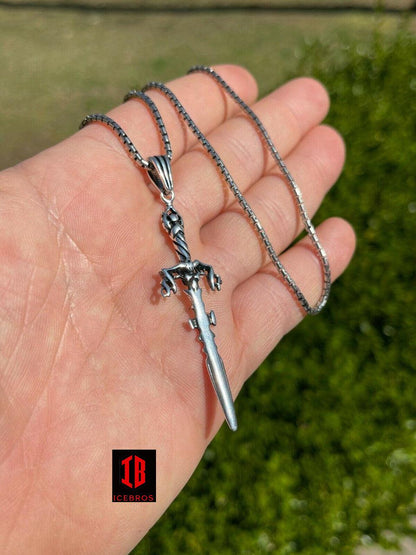 Men' Fine 925 Sterling Silver Viking Sword Pendant Necklace Chain Knife Medieval