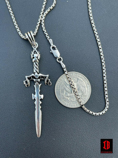 Men' Fine 925 Sterling Silver Viking Sword Pendant Necklace Chain Knife Medieval