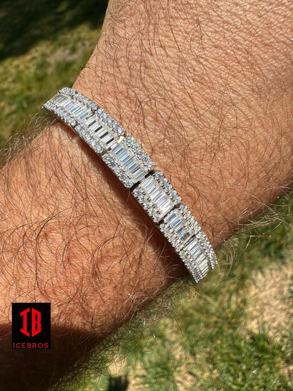 Men's Paved Baguette 8mm MOISSANITE Tennis Bracelet Solid 925 Silver Hip Hop Icy