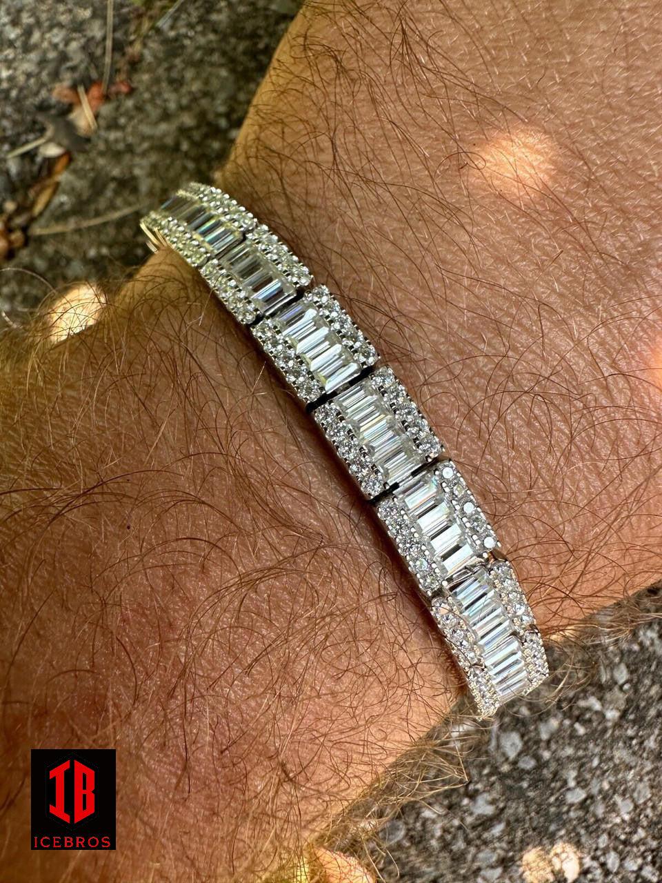 Mens Diamond Baguette Tennis Bracelet Solid 925 Sterling Silver 8mm Hip Hop ICY