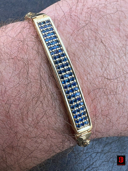 Men's Real Presidential ID Bracelet 14k Gold Vermeil Silver Iced Blue Sapphire