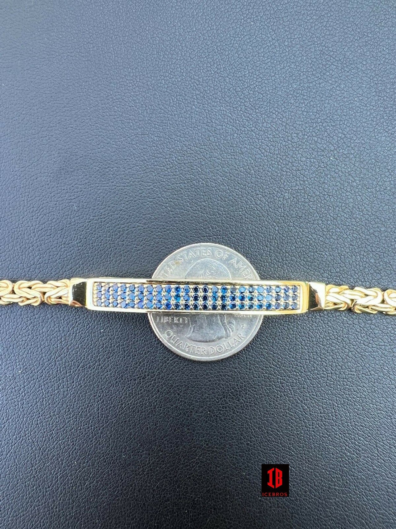 Men's Real Presidential ID Bracelet 14k Gold Vermeil Silver Iced Blue Sapphire