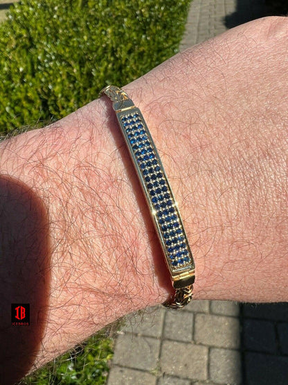 Men's Real Presidential ID Bracelet 14k Gold Vermeil Silver Iced Blue Sapphire