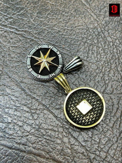 Men's Fine Solid 925 Silver & 14k Gold Navigation Star Compass Pendant Necklace