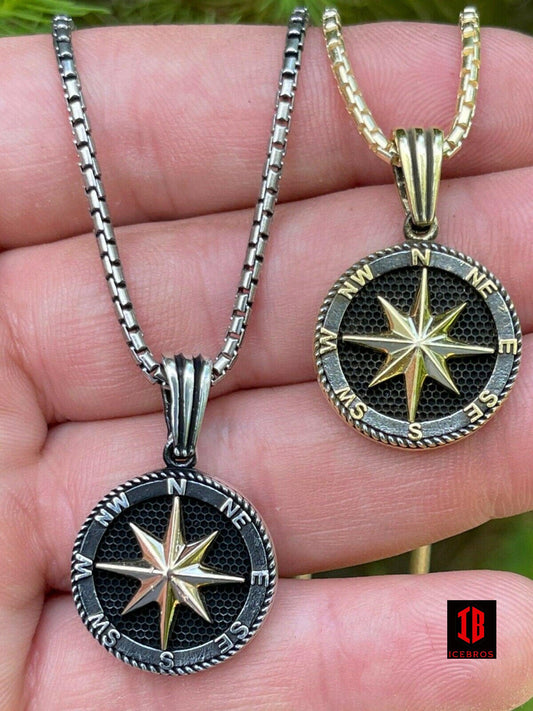 Men's Fine Solid 925 Silver & 14k Gold Navigation Star Compass Pendant Necklace