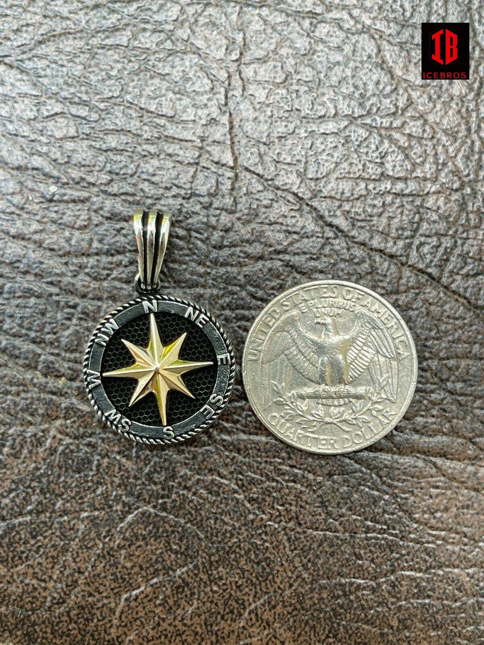 Men's Fine Solid 925 Silver & 14k Gold Navigation Star Compass Pendant Necklace
