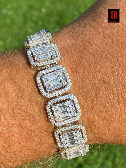 Men’s Real Solid Gold Over 925 Silver Baguette Iced Bracelet 15mm Thick Bust Down Diamonds