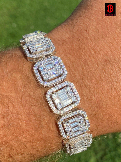 Men’s Real Solid 925 Silver Baguette Iced Bracelet 15mm Thick Bust Down Diamonds