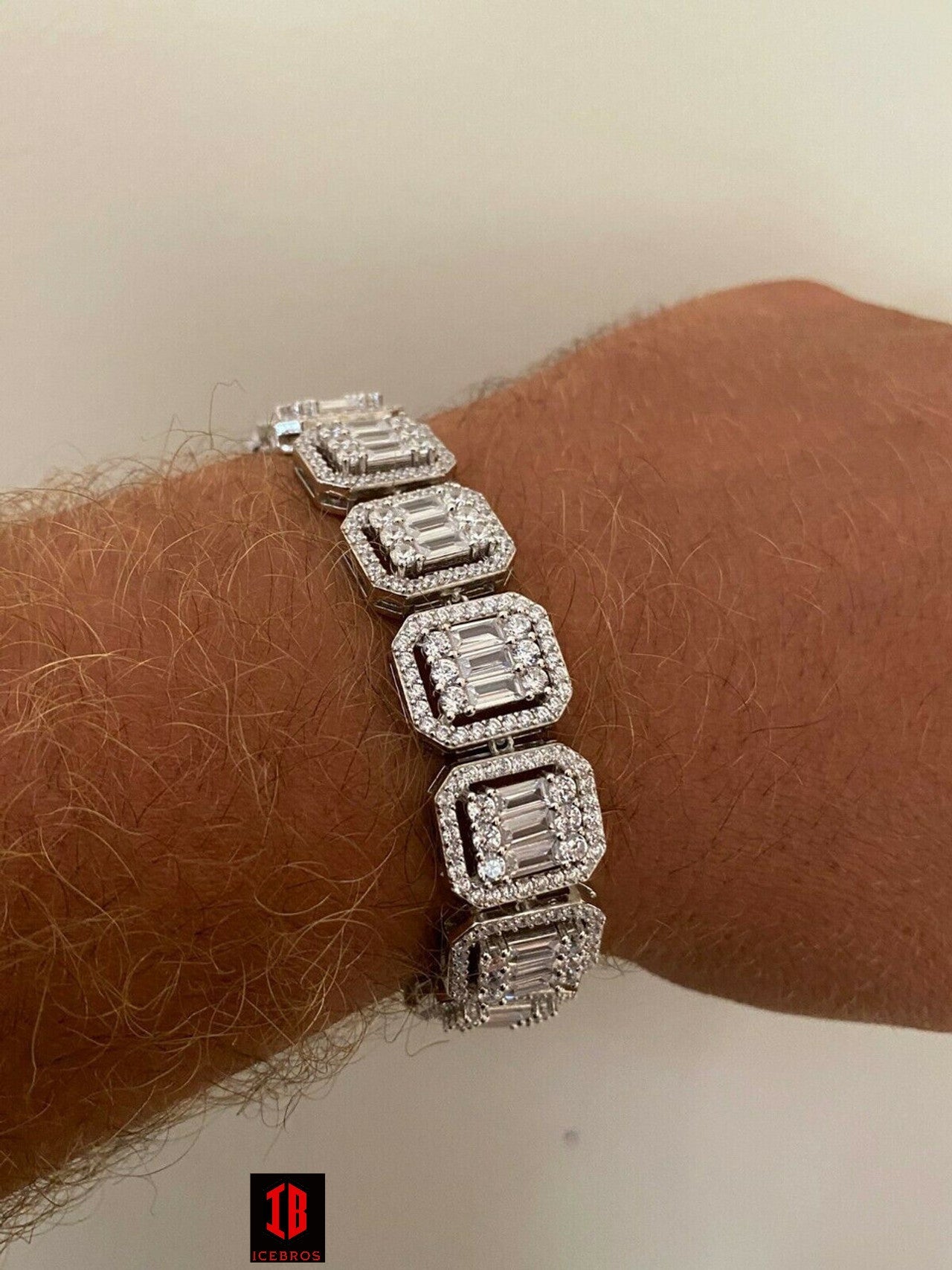 Men’s Real Solid 925 Silver Baguette Iced Bracelet 15mm Thick Bust Down Diamonds